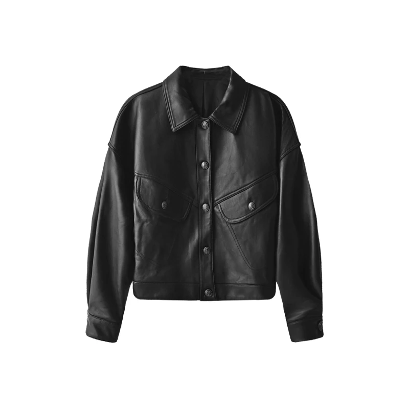2022 NEW High Street Sheepskin  Real Leather Jacket Women  Single Breasted  High Street  Pockets  Autumn/Winter Crop Top