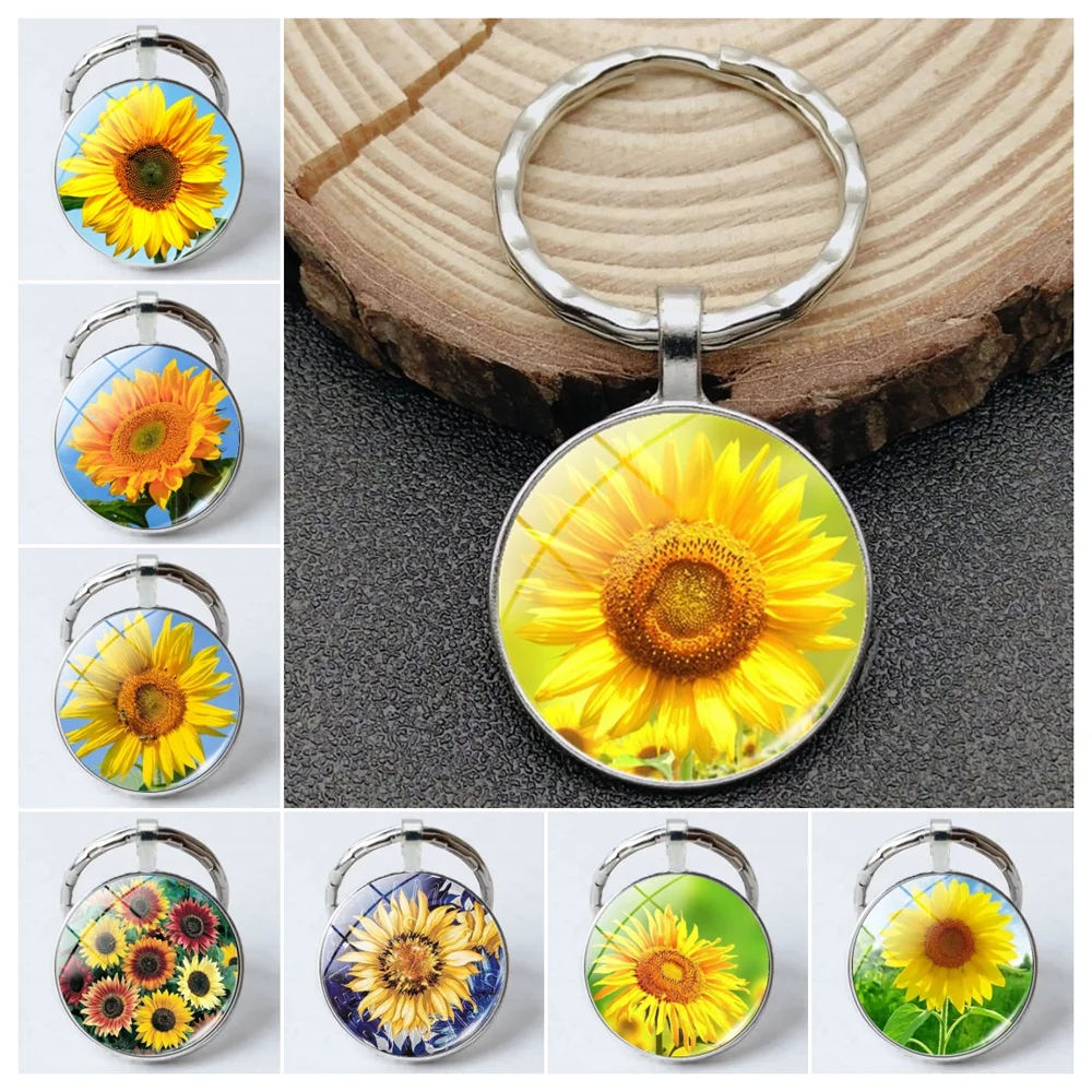 

New Fashion Sunflower Time Gem Keychain Embossed Keyring Cabochon Flower Charm Pendant Men's and Women's Car Bag Jewelry