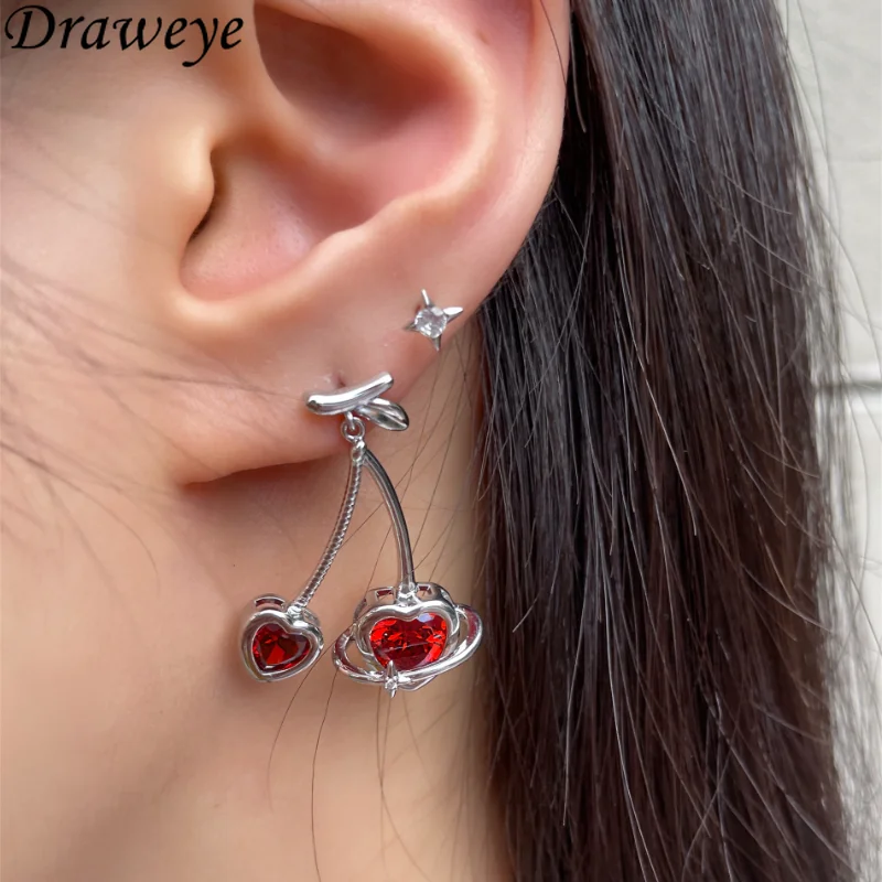 

Draweye Asymmetrical Cherry Jewelry for Women Sweet Kawaii Cute Red Drop Earrings Korean Fashion Retro Pendientes Mujer