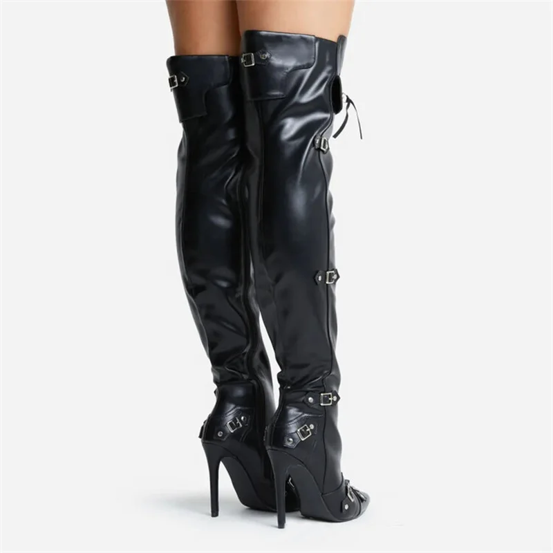 New Brand Belt Buckle Over The Knee Boots Pointed Toe Thin Heels Zip Female Solid Color Metal Winter Sexy Long Boots Women Shoes
