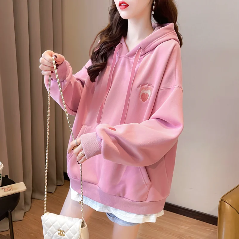 

2022 Autumn Winter New Women Hoodie Fashion Design Mid-length Fake Two-piece Pullover Lazy Wind Plus Velvet Warm Stimulation Top