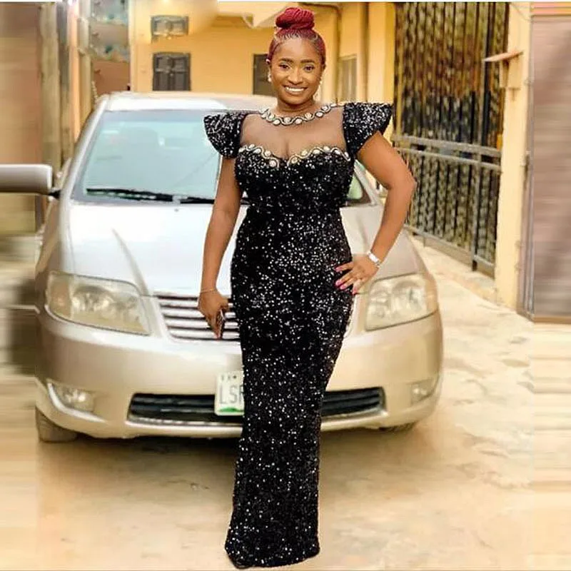 

Блестящее платье-Русалка с блестками для выпускного вечера, с прозрачным вырезом и бусинами, с рукавами-крылышками, африканские вечерние платья на день рождения Aso Ebi, вечернее платье