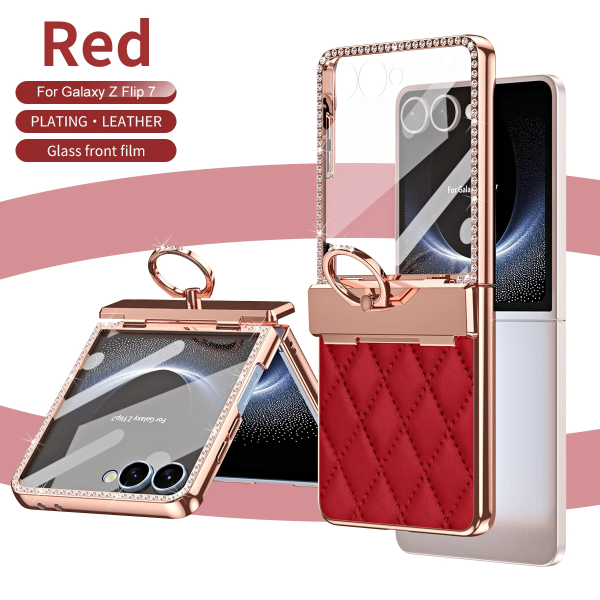 Фото Роскошный кожаный чехол для телефона с бриллиантами для Samsung Galaxy Z Flip 7 6 5 4 3 Flip7 FE с защитой петли и кольцом-держателем для женщин и девочек №2