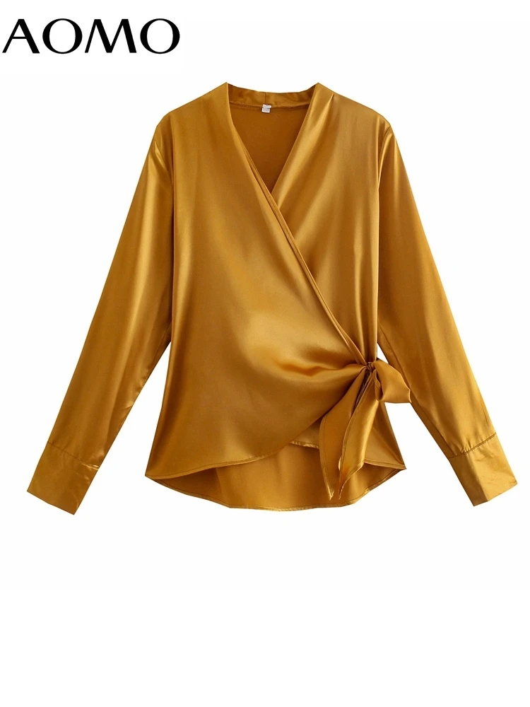 

Блузка AOMO 8Y223A Женская атласная с бантом, шикарная офисная рубашка с длинным рукавом, цвет золотистый, на весну