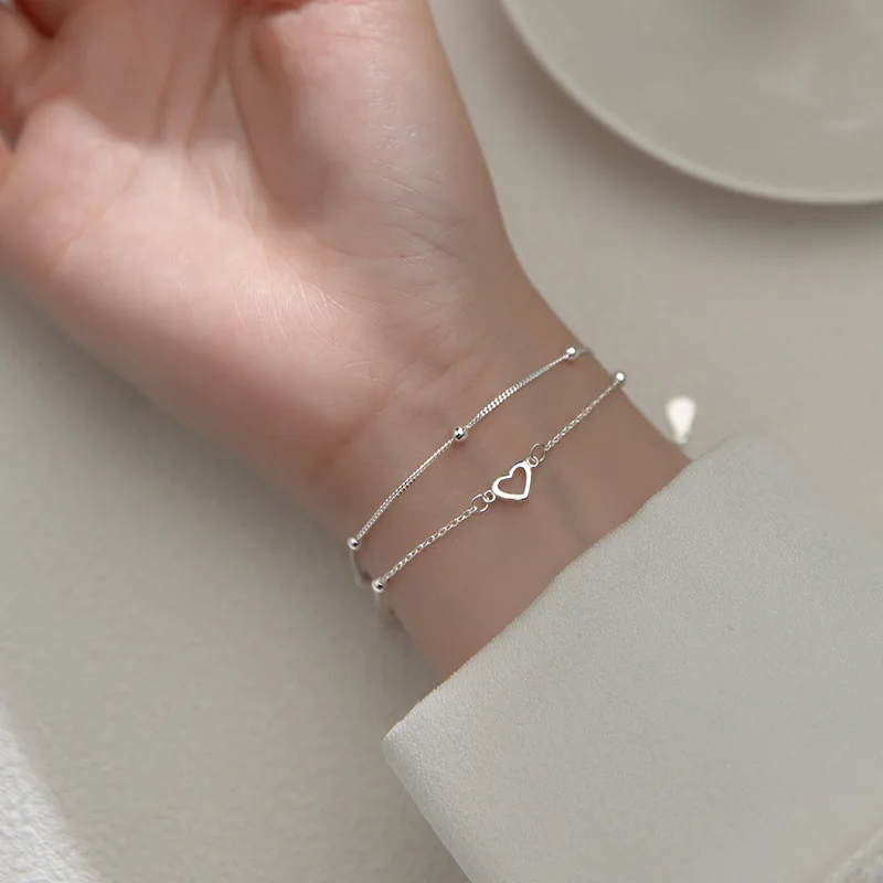 

Sterling Silver Double Love Heart Hollow Round Beads Bracelet Female Fashion Romantic Jewelry Classic Adjustable