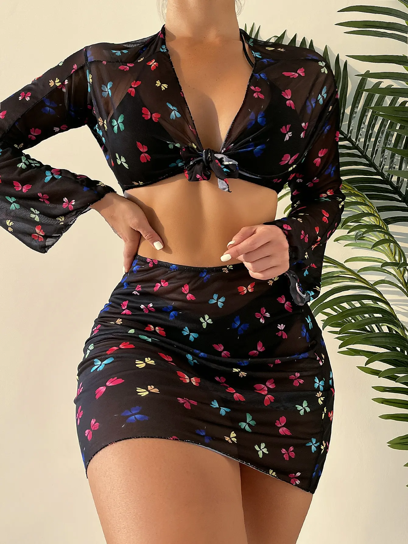 Long Sleeve Triangle Bikini Butterfly Print Cover Up Swimsuit 2022 Women Four Piece Swimwear Summer Beach Bathing Suit