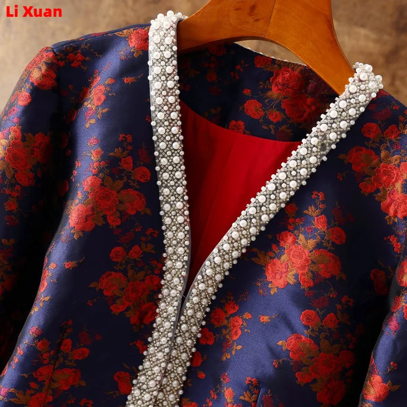 Quality Elegant Spring Autumn Brocade Short Flower Beaded Coat Round Neck Slim Fit Collarless Jacket Blazer Small Fragrance Top