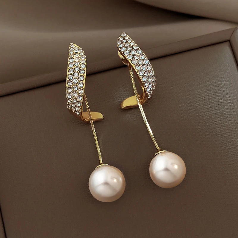 

2022 Fashion Korean Zirconium Drill Long Tassel Pearl Earrings For Women's Gold Color Earrings Party Jewelry Beautiful Gifts