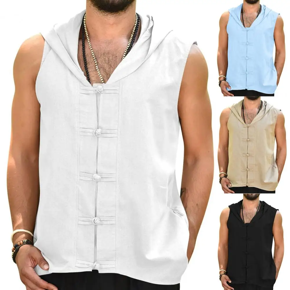 

Men Shirt Frog Button Sleeveless Vintage Sweat Absorption Summer Tank Top For Daily Wear