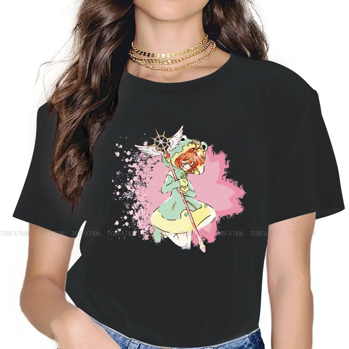

Классическая футболка Kinomoto для девочек, топы с принтом кардкаптора, манга сакуры, стильная женская футболка 4XL, свободная футболка с принтом Homme