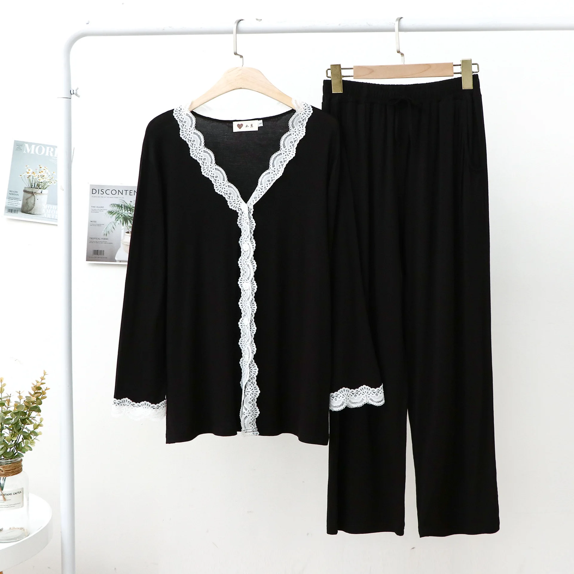 Lace Women Pajamas V Neck Cardigan Trousers Modal Show Temperament Simple and Stylish Soft Comfortable Tracksuit