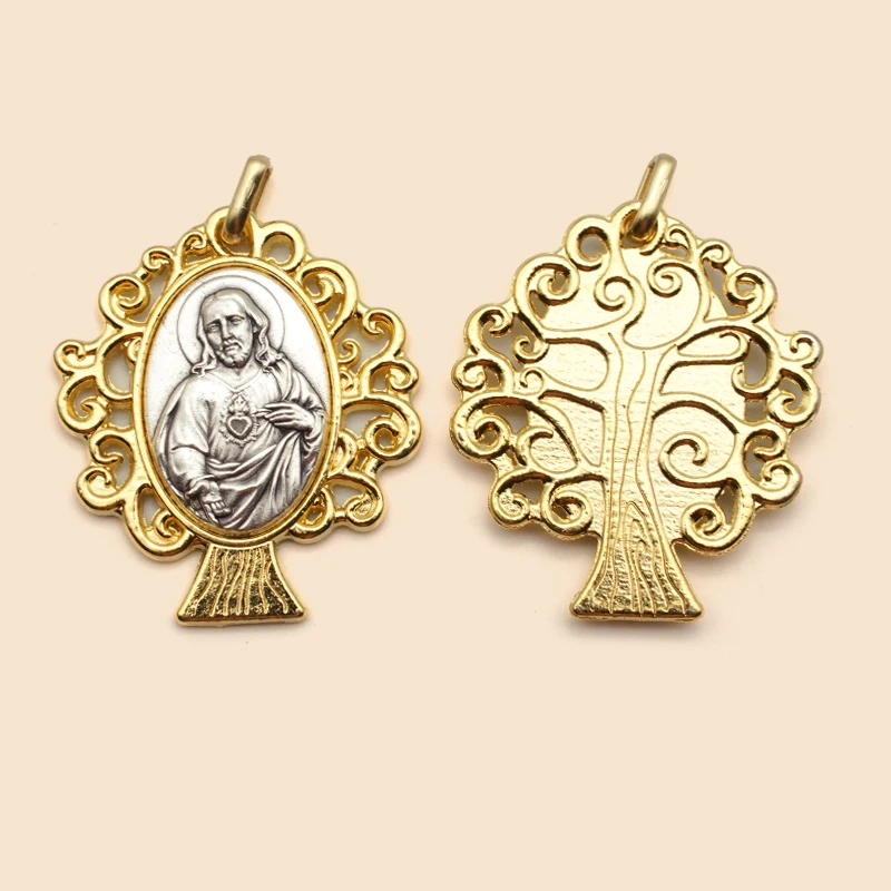 

Jesue Sacred Heart Life Tree Metal Pendent for Necklace DIY Religious Jewelry Making Accessories Fashion Gold Color Charms