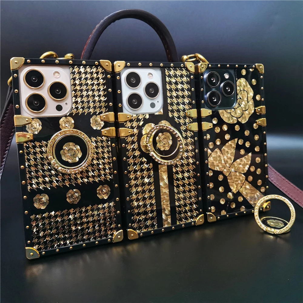 

Luxury Bling Flower Square Cover Houndstooth Bowknot Plaid Case For Samsung Galaxy A53 A52 A72 A82 A71 A22 A32 A13 A21S A03S A51