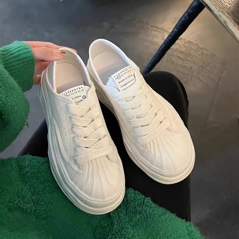 2023 5cm Chunky Sneakers Genuine Leather New Wedge Platform Shell Toe Breathable Vulcanized Summer Fashion Lace Up Ladies Shoes