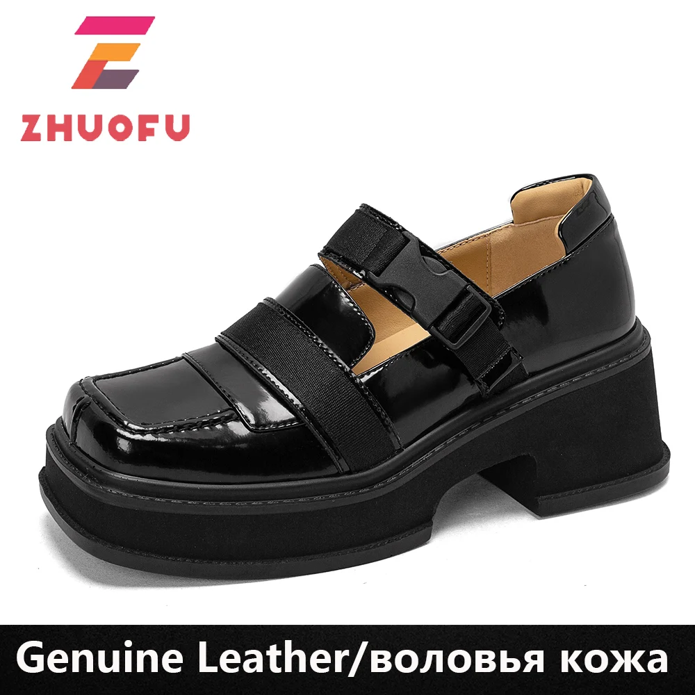 

ZHUOFU 2023 Loafers Casual Platform Women Shoes Autumn Square Toe New Cow Patent Leather Handmade Chunky Heels Lady Footwear