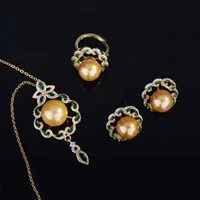 luxury vintage gold color lady high quality yellow pearl jewelry sets pendant necklaces earrings rings bride wedding 3 piece set