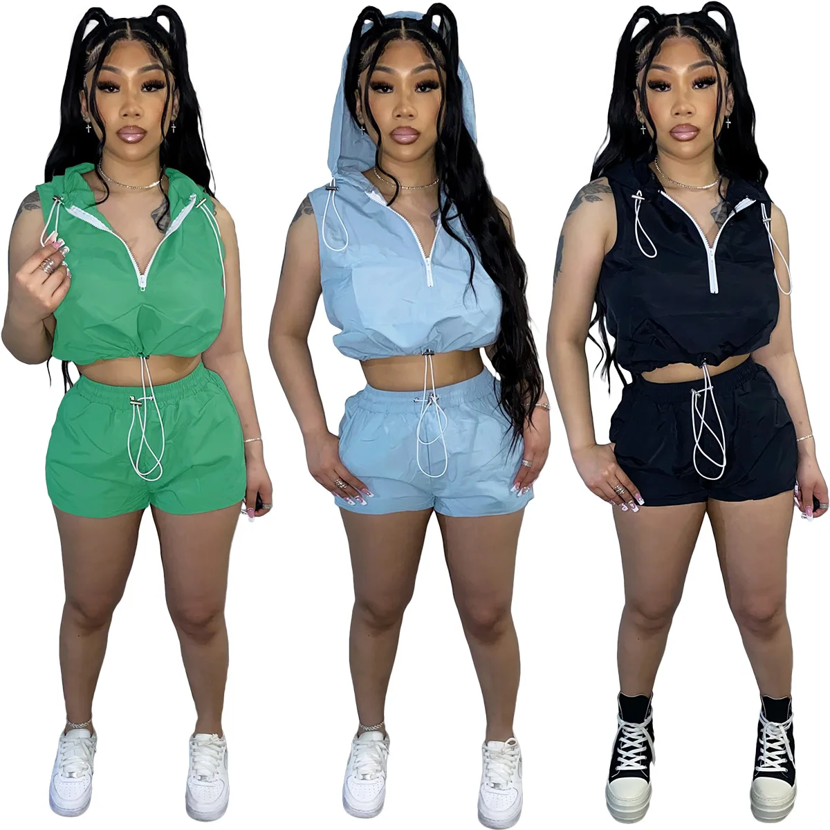 European and American women's fashion casual solid color short sleeve shorts hooded two-piece suit