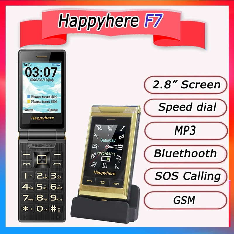 Happyhere F7 flip cell phones 3.0" touch screen  unlocked celular speed dial SOS FM radio senior Push-button cheap mobile phone