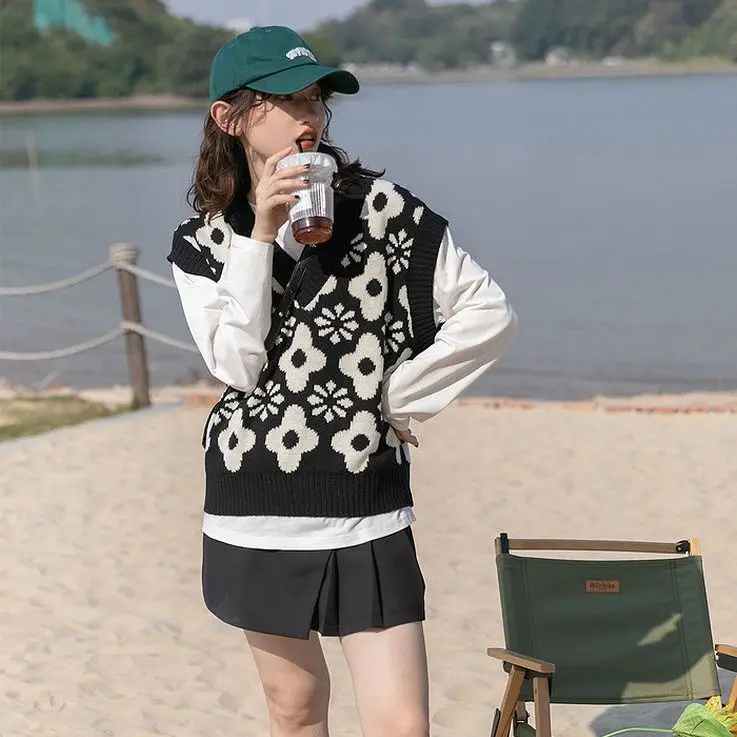 Women Knitted Vest Korean Style Sweater Unif Waistcoat Top Pullovers Waistcoats Sleeveless Simple All-match Female Jumper |
