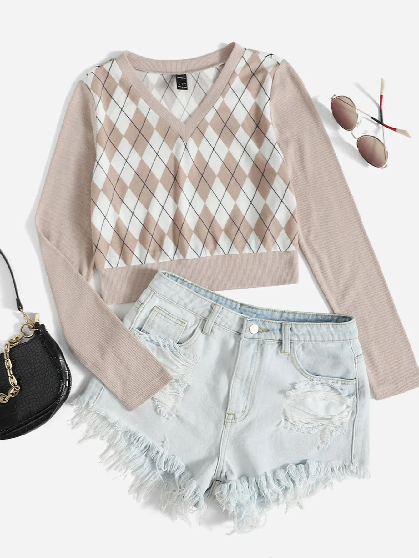 

Argyle Pattern Ribbed Knit Tee