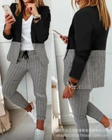 casual women plaid printing slim lapel suit pants elegant office lady jacket trousers two piece set 2022 spring new women set