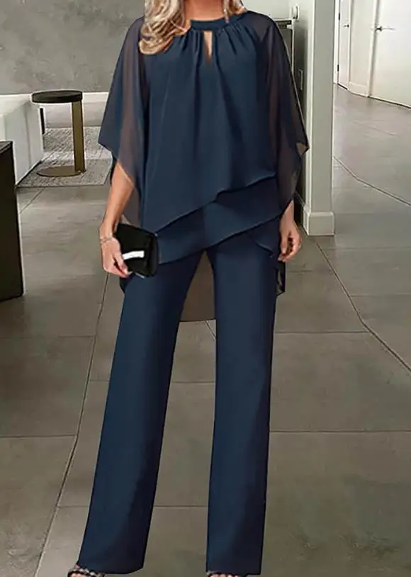

Elegant Keyhole Neck Ruched Layered Top & Pants Set for Women 2023 New Summer Fashion Outfits Commuting Two Piece Suit Female