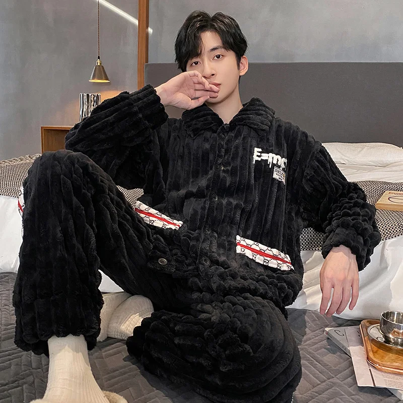 QUHENG Men's Winter Pajamas Sets Layers Warm Thick Winter Coral Fleece Sleepwear Long Sleeve Turn-Down Collar Pijamas Suits