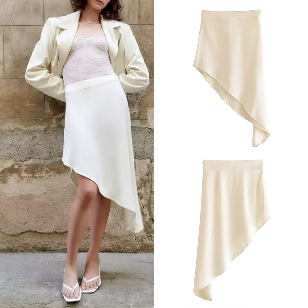 

PB&ZA spring/summer new women's fashion high waist temperament satin texture asymmetric skirt 6929408