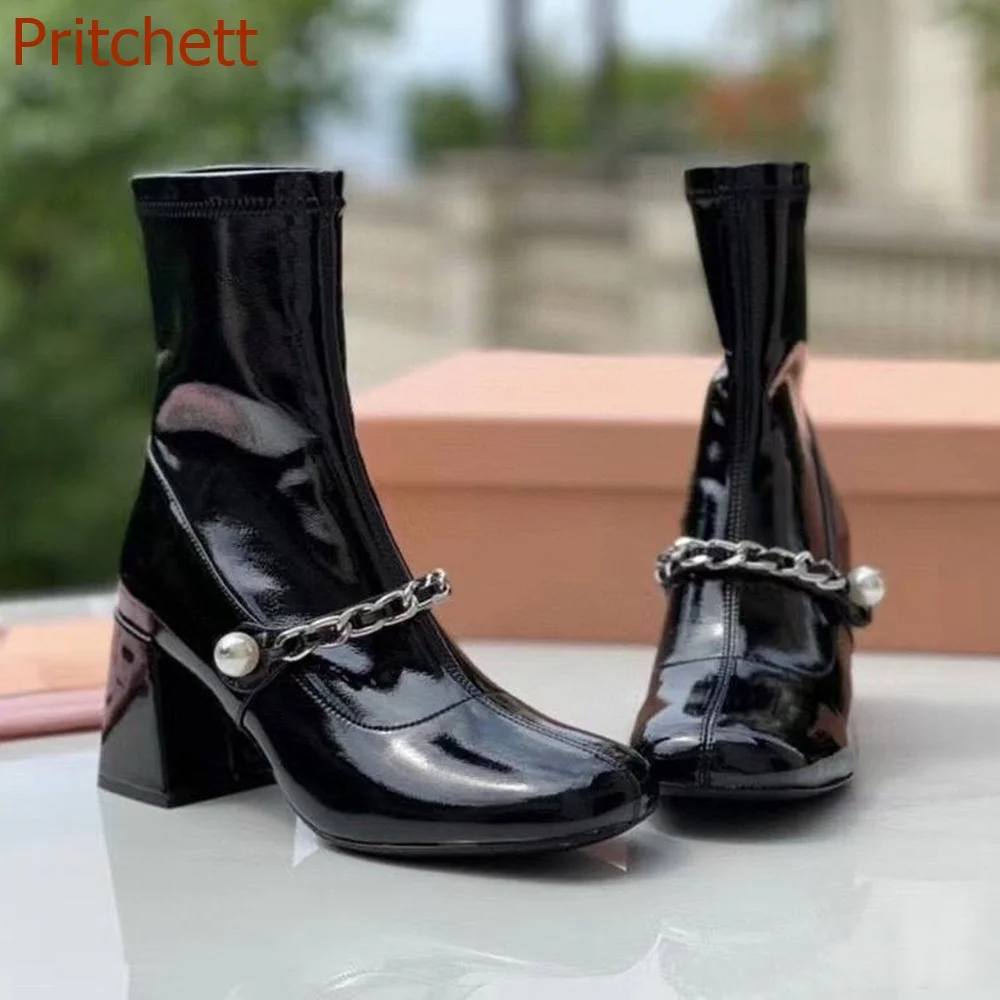 

Женские ботинки с круглым носком, на квадратном каблуке, короткие ботинки, до середины икры, с металлической цепочкой, однотонная модная женская обувь на молнии, Новое поступление 2023