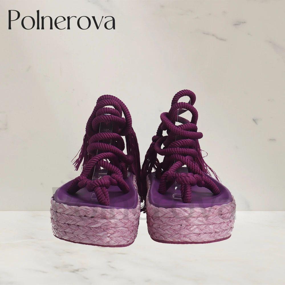 Platform Rope Sandals Tassel Lace Up Summer Shoes Flip Flop Sandals Designer Style Round Toe Shoes for Women Purple Green Beige