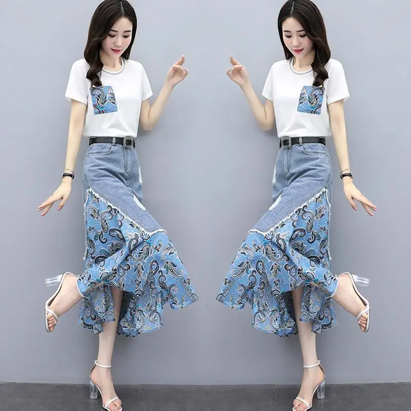 

Women's Denim Skirt Spring Summer 2022 New Loose Women Jeans High Waist Splicing Cowboy Skirt Long Printing A-line Skirts Female
