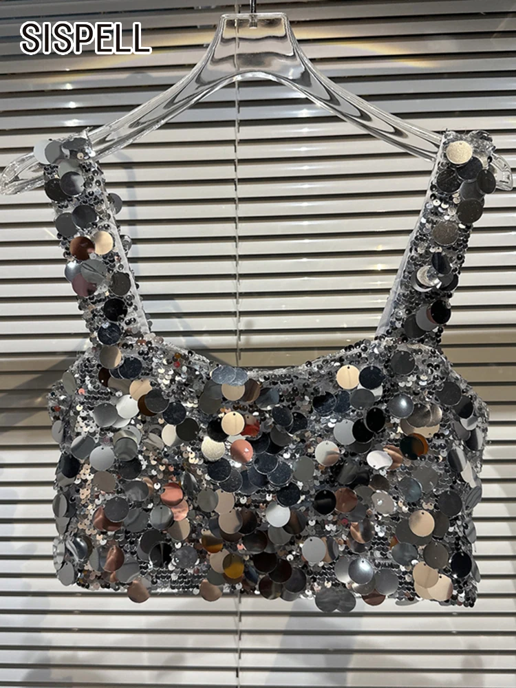 

Женский короткий жилет SISPELL, однотонный жилет с квадратным воротником и открытой спиной, с блестками, летняя одежда, 2023