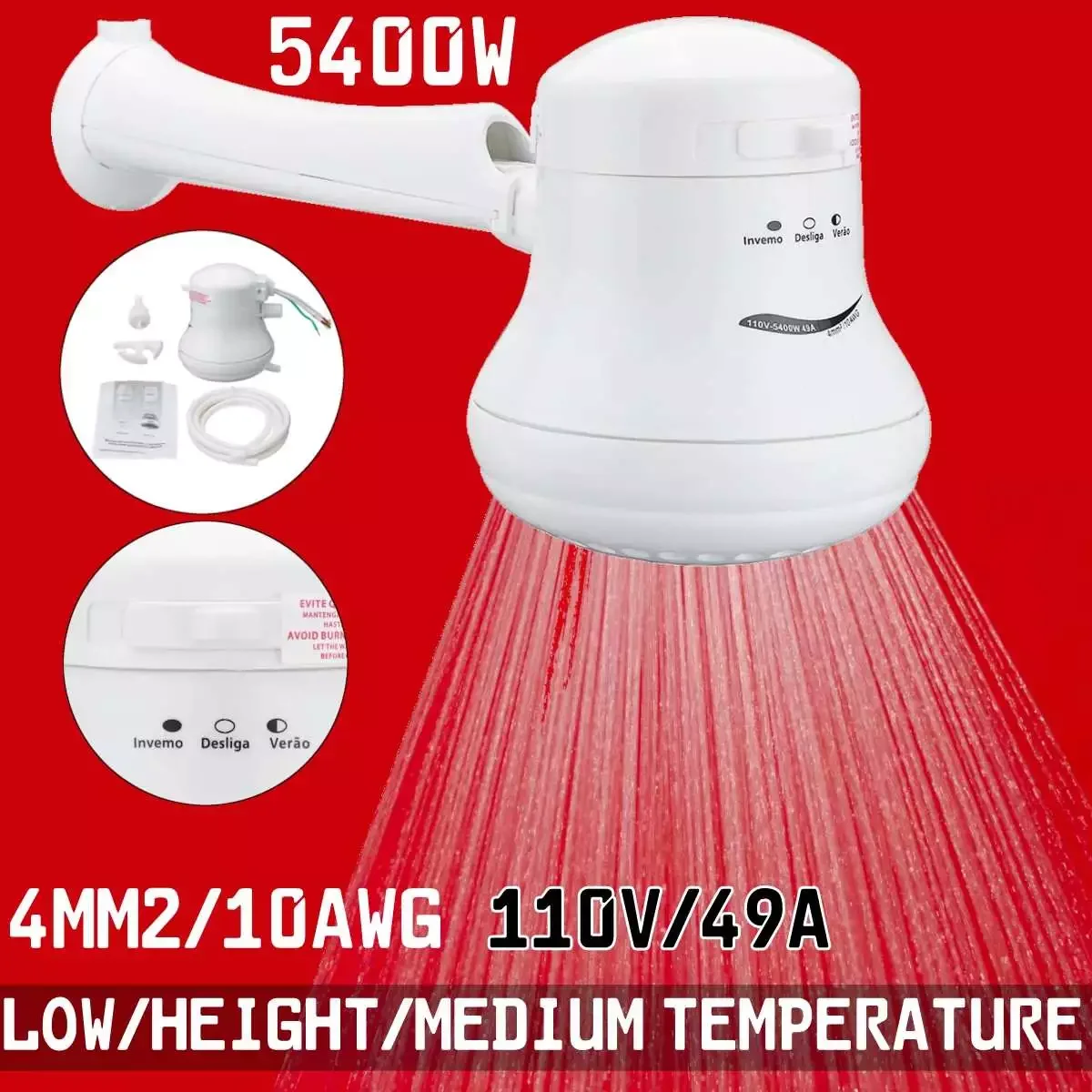 

High Power Electric Shower Head 110V/220V Instant Water Heater 5.7ft Hose Bracket 3800W~5400W Temperature Controller