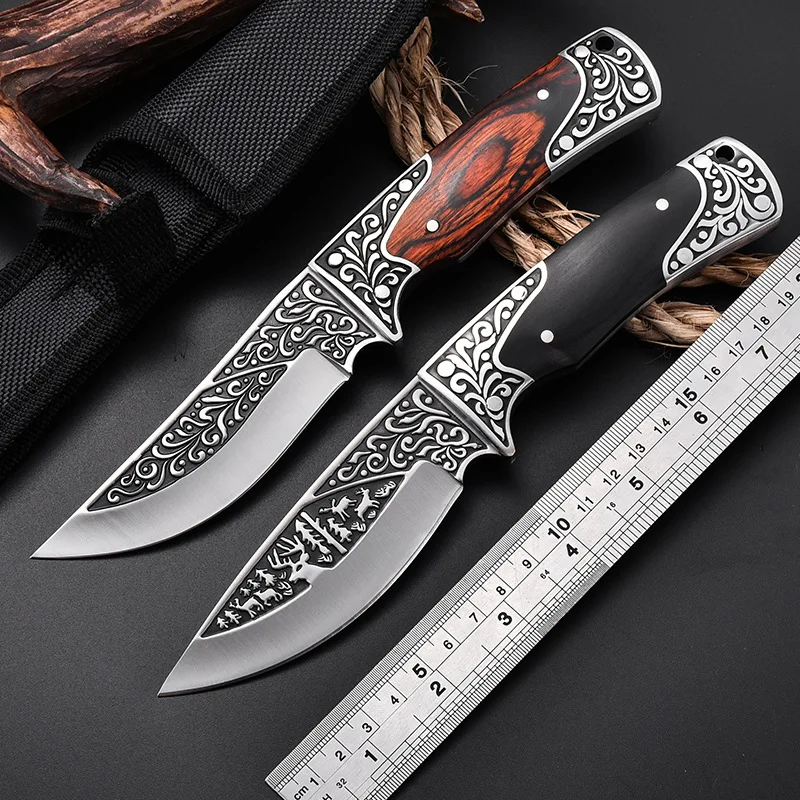 

3cr13MOV Stainles Steel Carved Knife Surface Outdoor Small Straight Blade Hunting Knife High Hardness Selfdefense Survival Knife