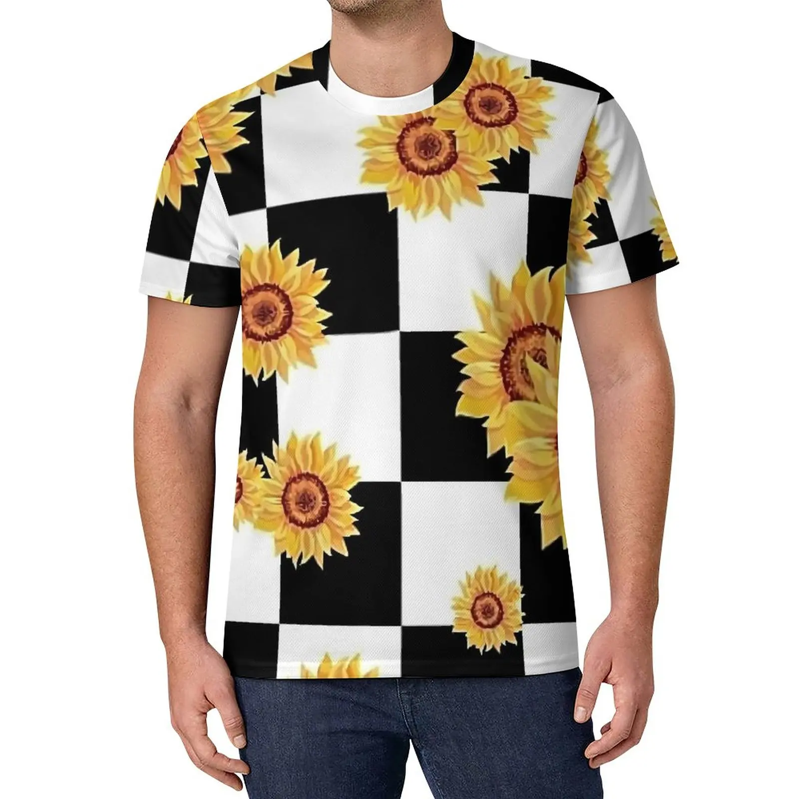 

Sunflower T Shirt Checkerboard Print Mens Trending T-Shirts Summer Printed Tees Short Sleeve Streetwear Oversized Clothes Gift