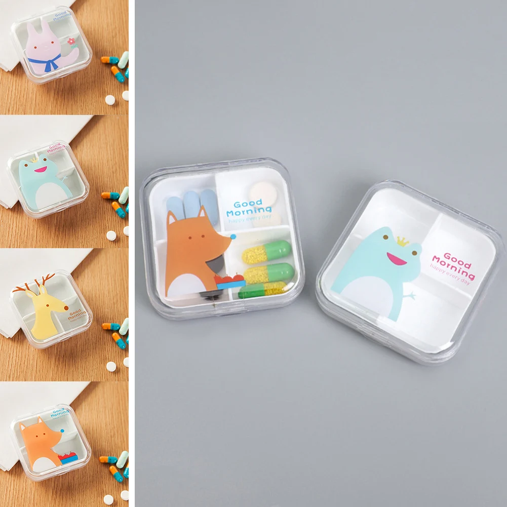 

Mini Storage Medicine Pill Box 4 Slots Transparent Cute Cartoon Portable Empty Plastic Container Cases Travel Accessories