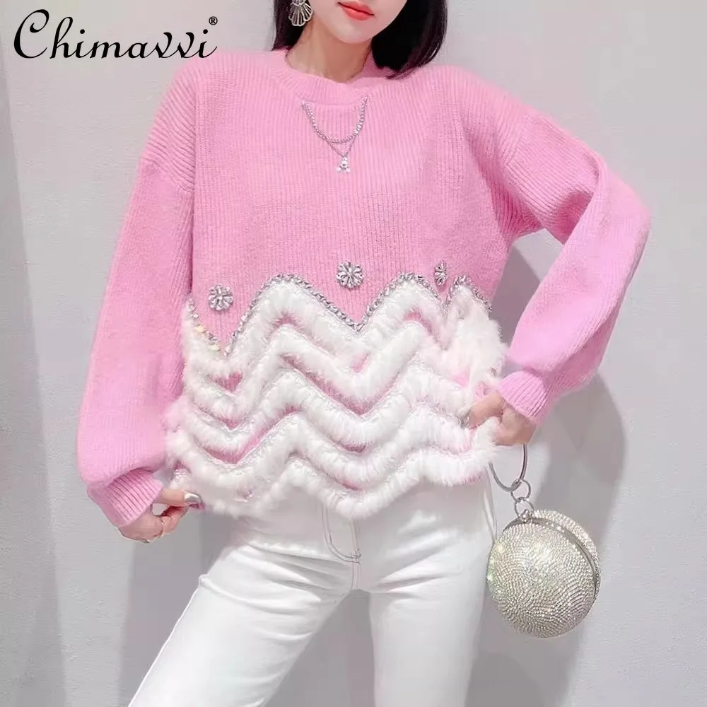 

Sweater Women's Autumn Winter New Korean Style Sweet Heavy Rhinestone Mink Fur Stitching Thickening Knitted Top Sweet Pullovers