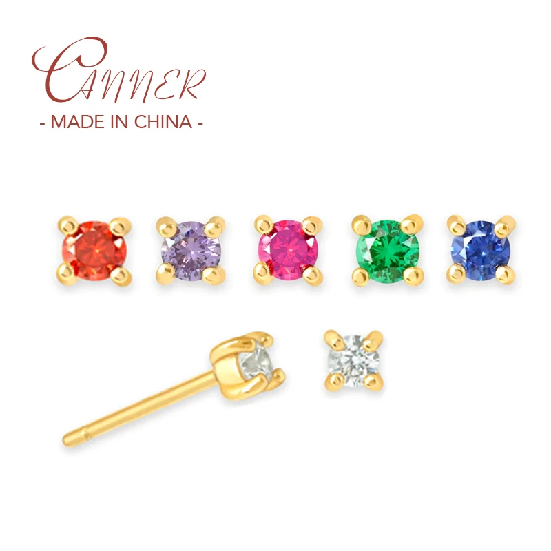 

CANNER 925 Sterling Silver Stud Earring Colorful 4 Claws Birthday Stone Earrings For Women Korean Piercing Pendientes Gift