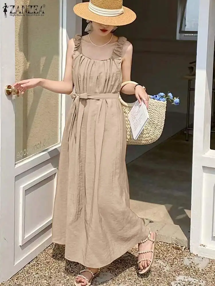 

ZANZEA Tanks Vestidos Women Summer Maxi Long Dress Elegant Square Neck Office Sundress Pleated Robe Femme Holiday Midi Dresses