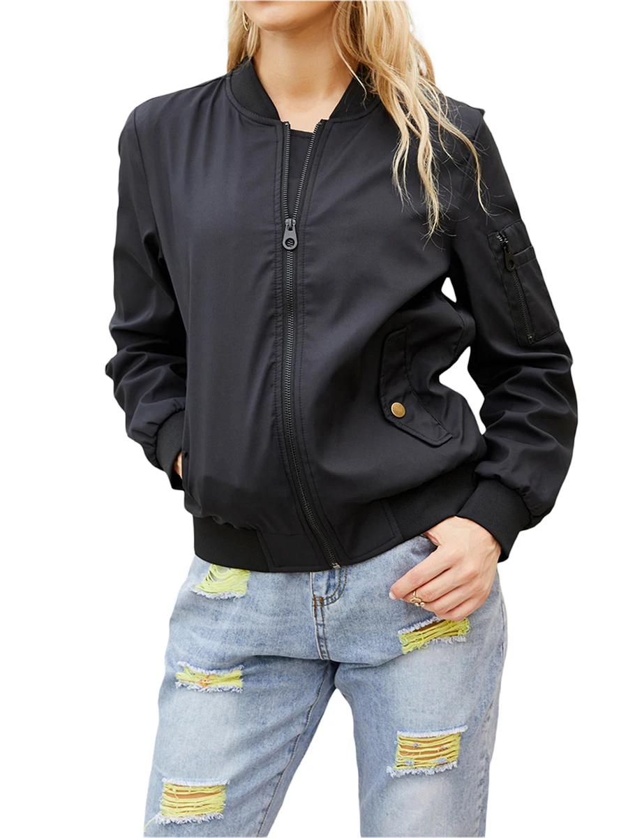 

Womens Bomber Jacket Coat Casual Baseball Jackets Lightweight Aviator Jacket Outwear Windbreaker with Pockets