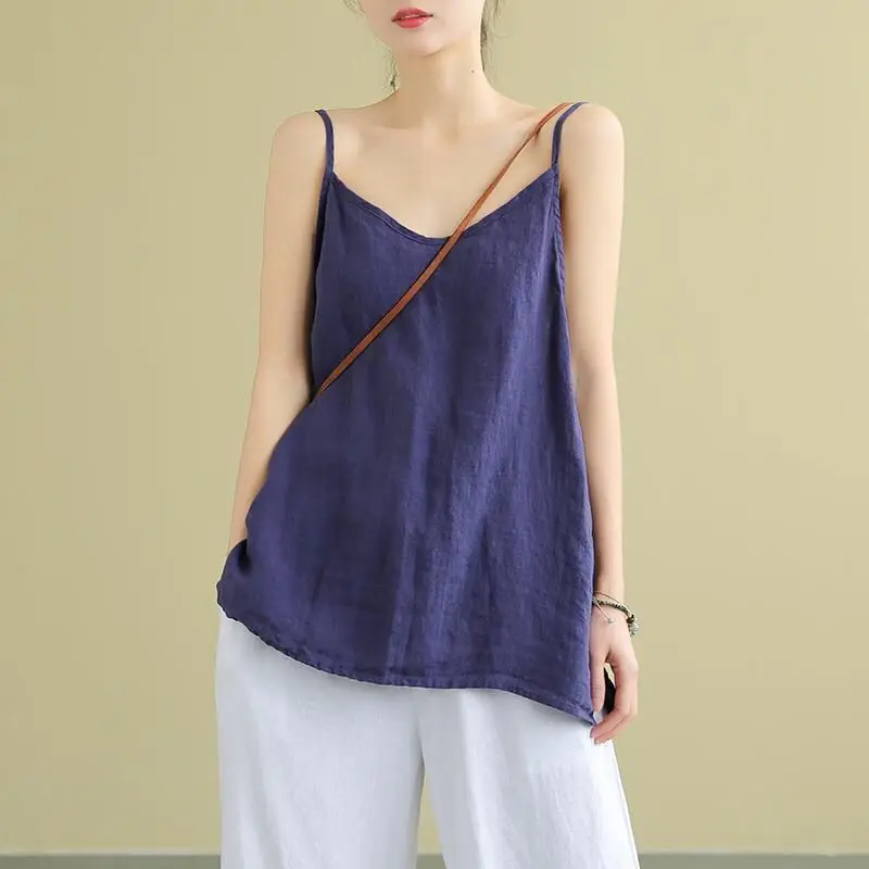 

Women's Top Spaghetti Strap Camisole Cotton Linen V-Neck Loose Tank Top Sleeveless Linen Loose Casual Women's Summer Camisole