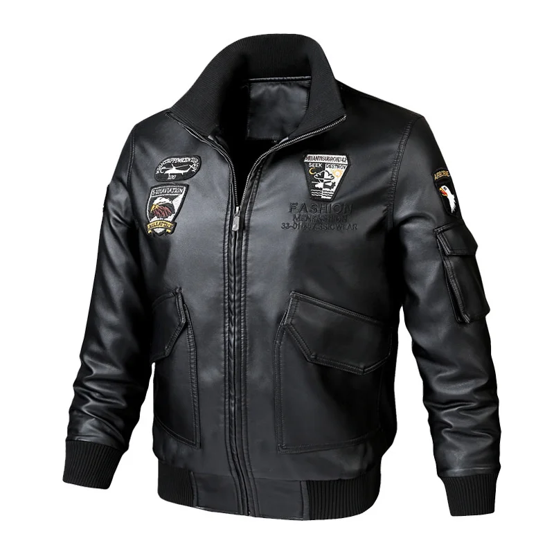 

Spring Autumn Fashion Embroidery Men Leather Jackets Faux Leather Coat Casual PU Outwear Motorcycle Aviator Jacket Trend