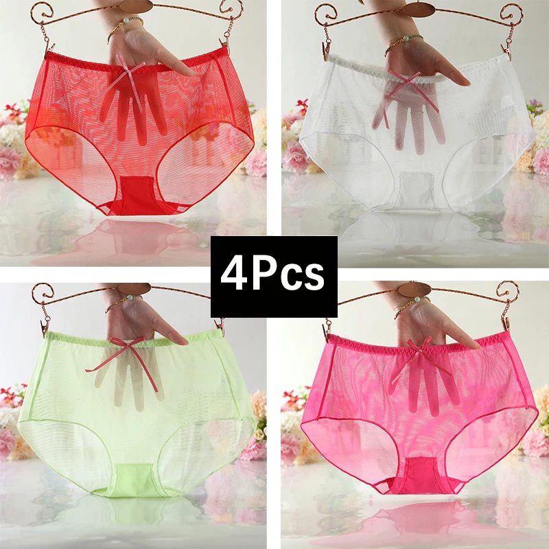 

4Pcs/lot Sexy Mesh Women Panties Transparent Tempting Mid Waist Briefs Lingerie Female See Through Ultrathin Underwear Intimates