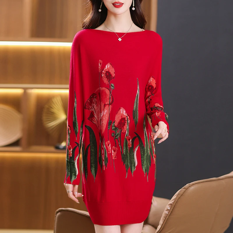 

Floral Print Sweater Dresses Autumn Knitwears Womens Clothing Long Sleeve Pull Femme Pullover Slim Soft Sweaters For Women