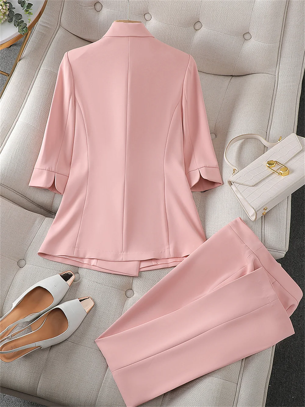 2023 New Summer Women Pant Sets Pink Female Half Sleeve Blazer and Pant Suit Office Ladies Business Work Wear Formal 2 Piece Set