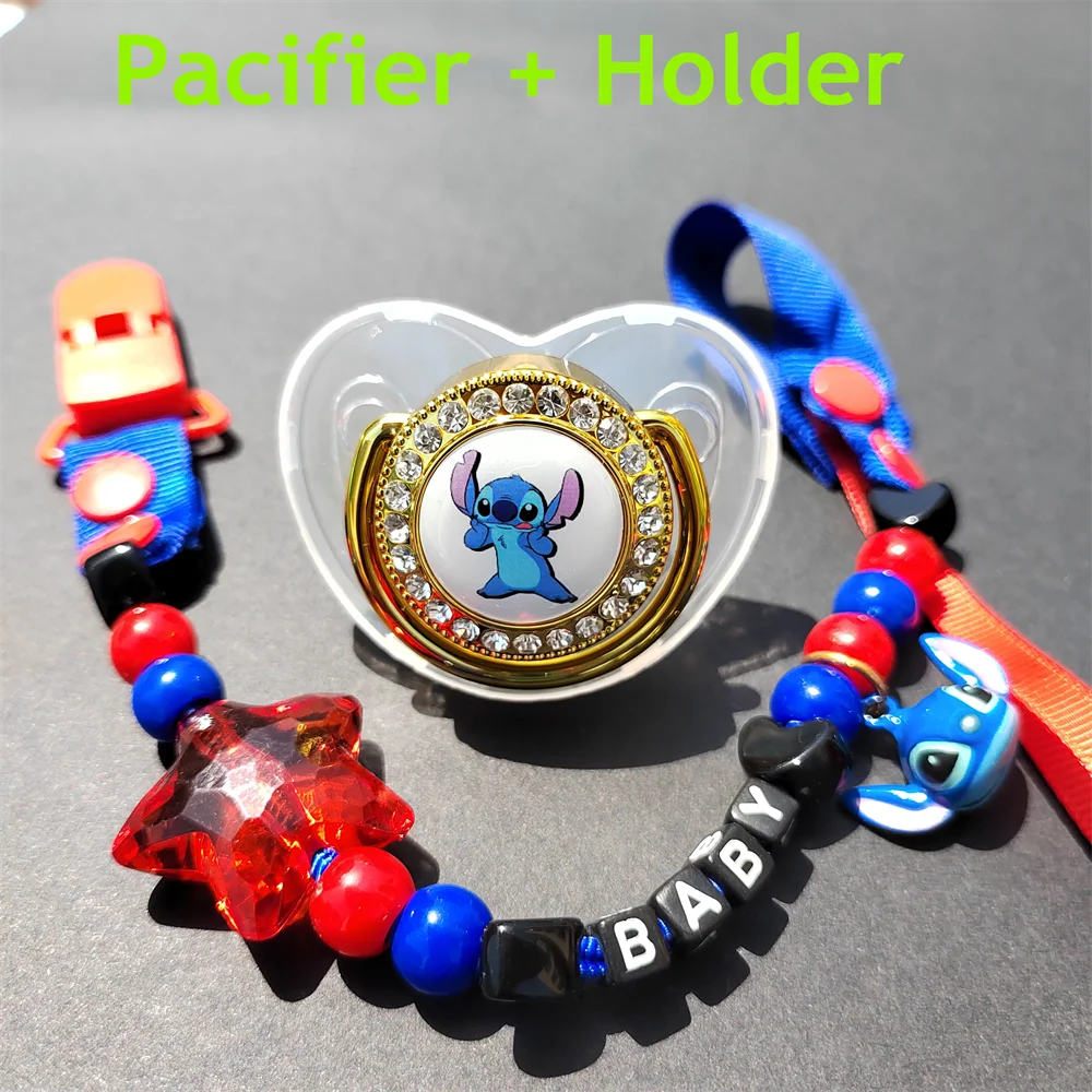 

[1 Set] Stitch Anime Baby Chew Pacifier Chain Holder &Transparent Bling Catcher for Sucking Pacifiers for Babies attache tetine