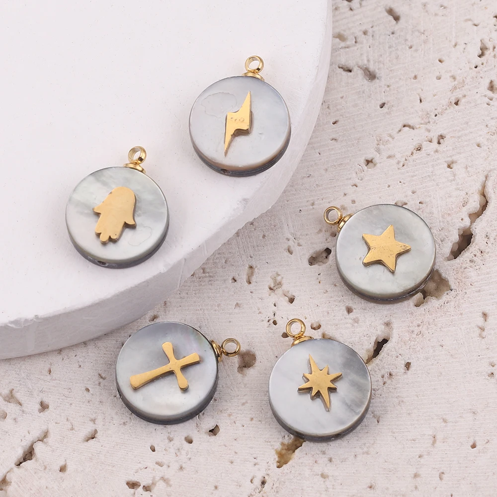 

5pcs 12*16mm Mix Round Shell Stainless Steel Gold Earring Charms Natural Shell Star Hand Cross Pendants for Jewelry Making DIY