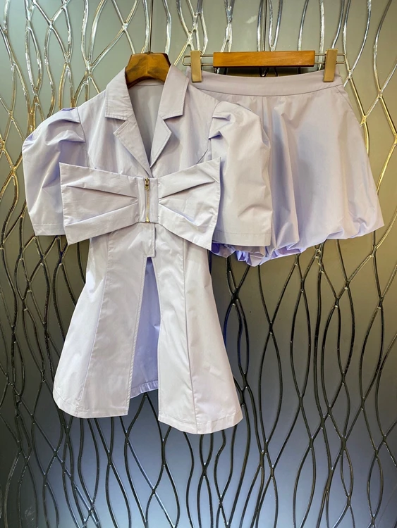 

2022 new women fashion suit bow mid-length shirt + shorts 2-piece set 415