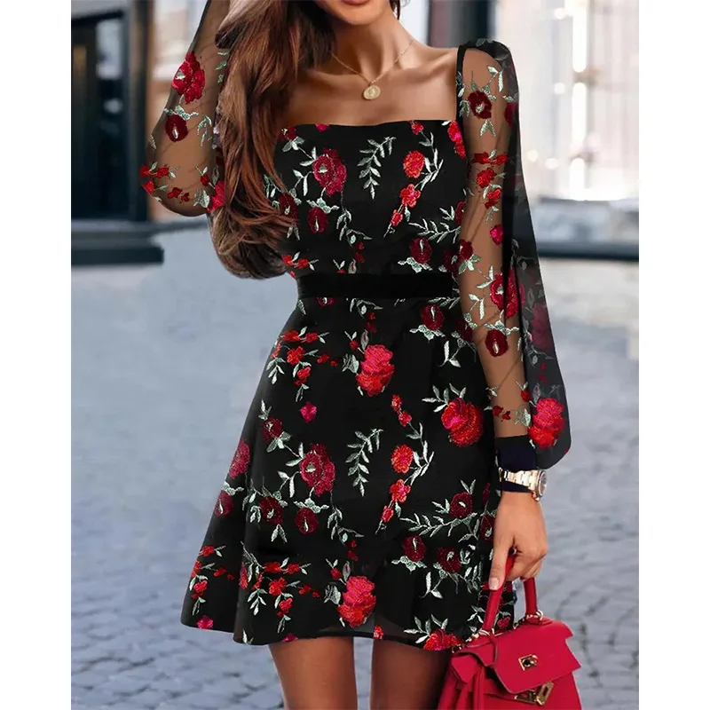 

2022 Summer New Fashion Women's Elegant Design Sense Niche Dress Rose Embroidery One Word Neck Mesh Lantern Sleeve Dress