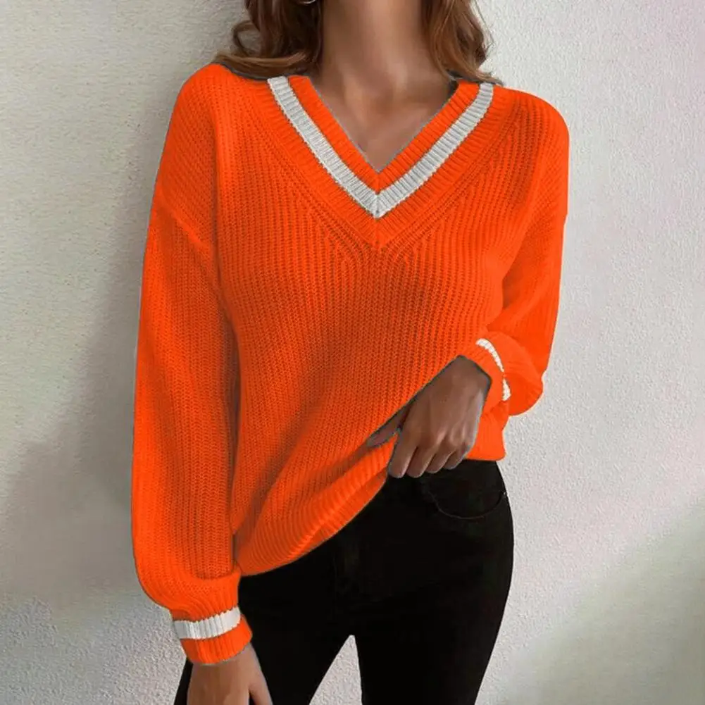 

Trendy Pullover Sweater Fine Workmanship Thickened Simple Patchwork V-Neck Women Sweater